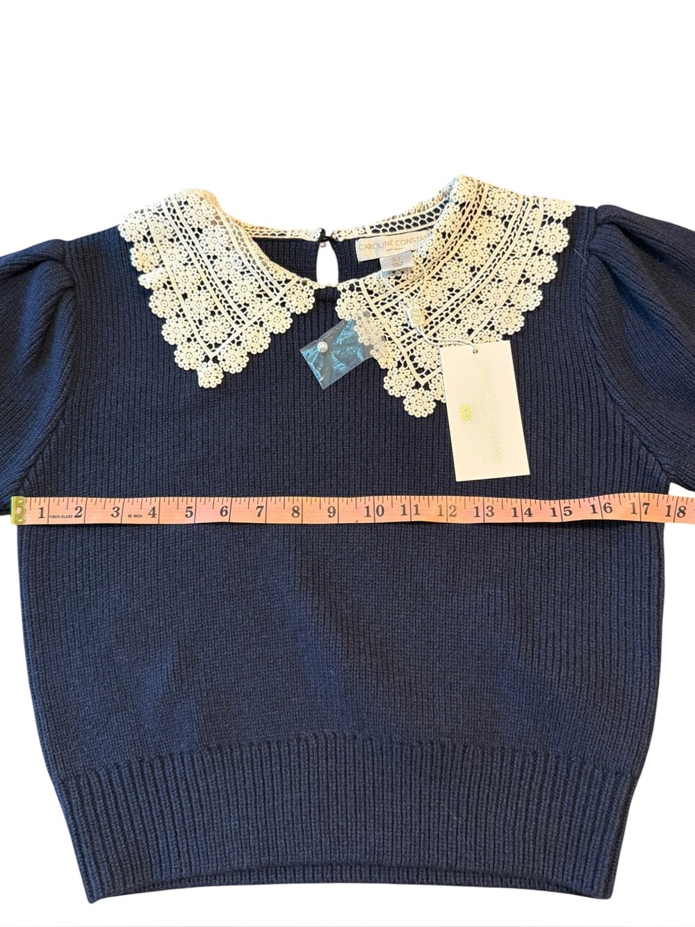 NWT Caroline Constas Lace Collar Wool Blend Short Sleeve Cropped Sweater Small - Picture 9 of 11